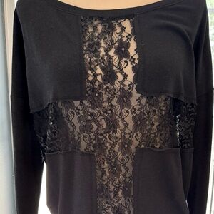 Cross detail, black lightweight, long sleeve. Sequence/lace see through.